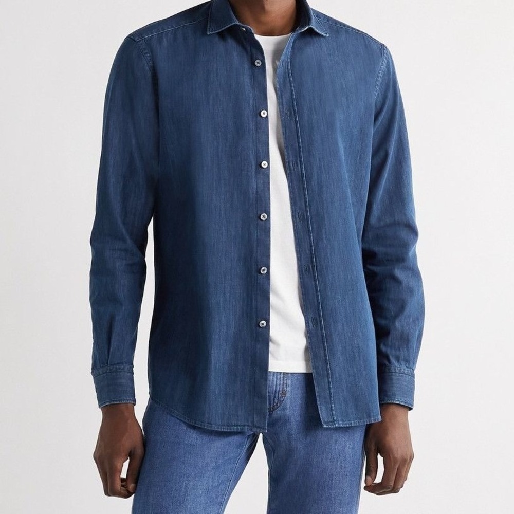 Ermenegildo Zegna Blue Denim Shirt Dark Wash 100% Cotton Size Medium